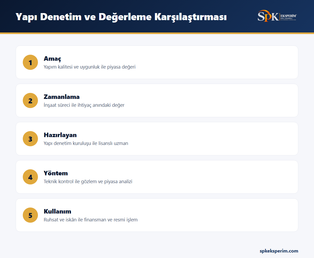 Yapı denetim raporu ile değerleme raporunu amaç, zamanlama, hazırlayan taraf ve kullanım alanı açısından karşılaştıran infografik