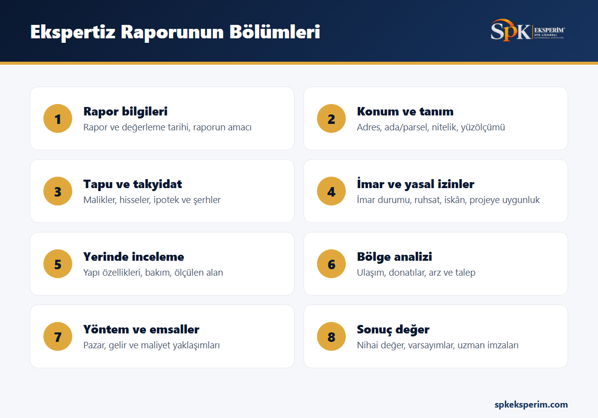 Ekspertiz raporunun sekiz bölümünü özetleyen infografik: rapor bilgileri, konum, tapu, imar, yerinde inceleme, bölge analizi, yöntem ve sonuç değer
