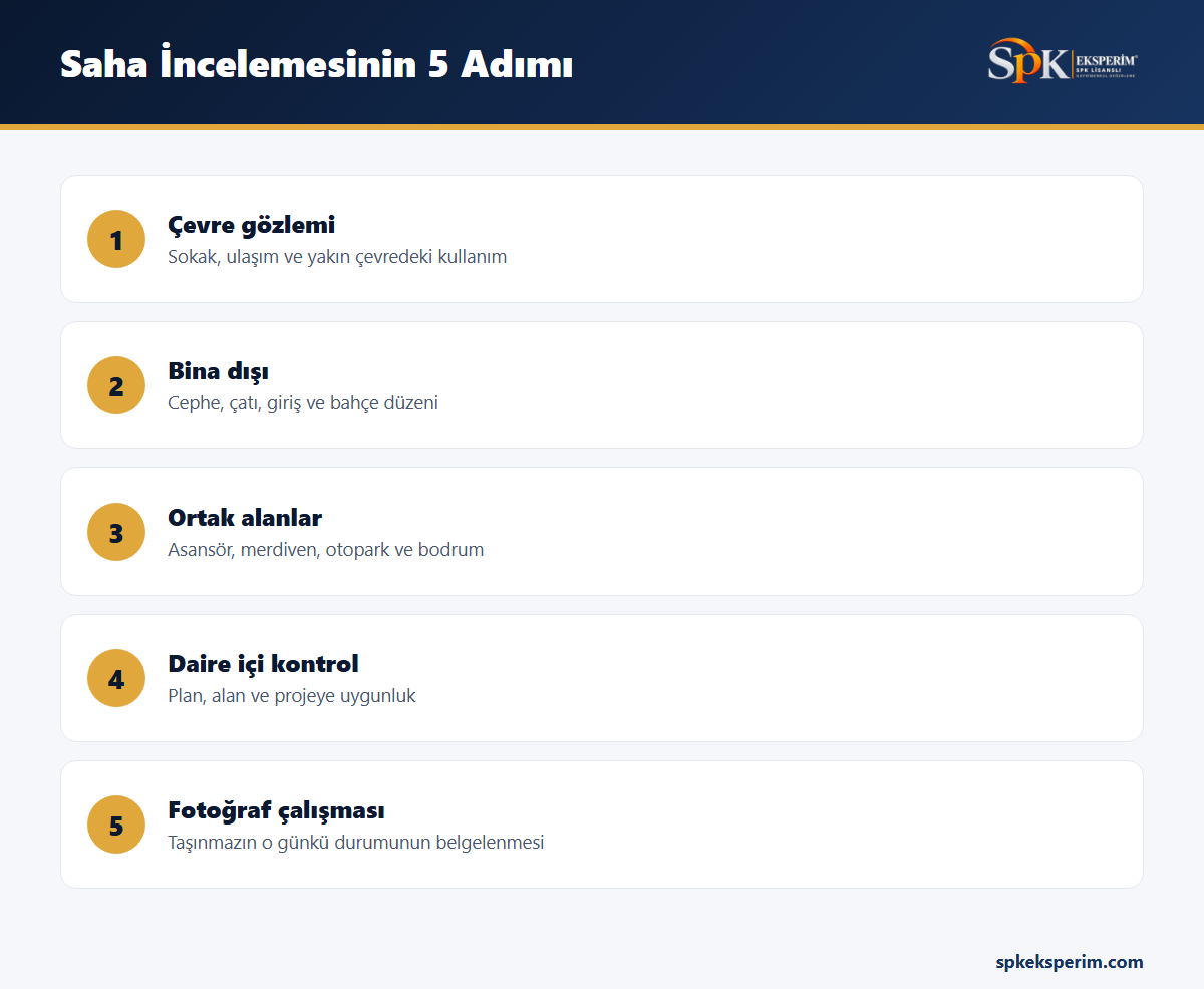Ekspertiz saha incelemesinin beş adımını gösteren infografik: çevre gözlemi, bina dışı, ortak alanlar, daire içi kontrol ve fotoğraf çalışması