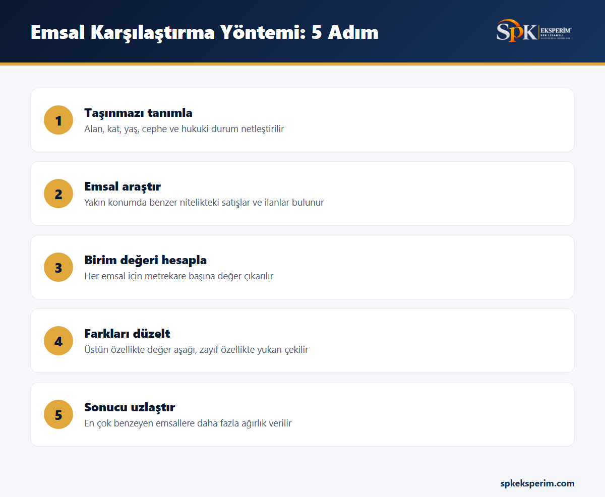 Emsal karşılaştırma yönteminin beş adımını gösteren infografik: taşınmazı tanımlama, emsal araştırma, birim değer, düzeltme ve uzlaştırma