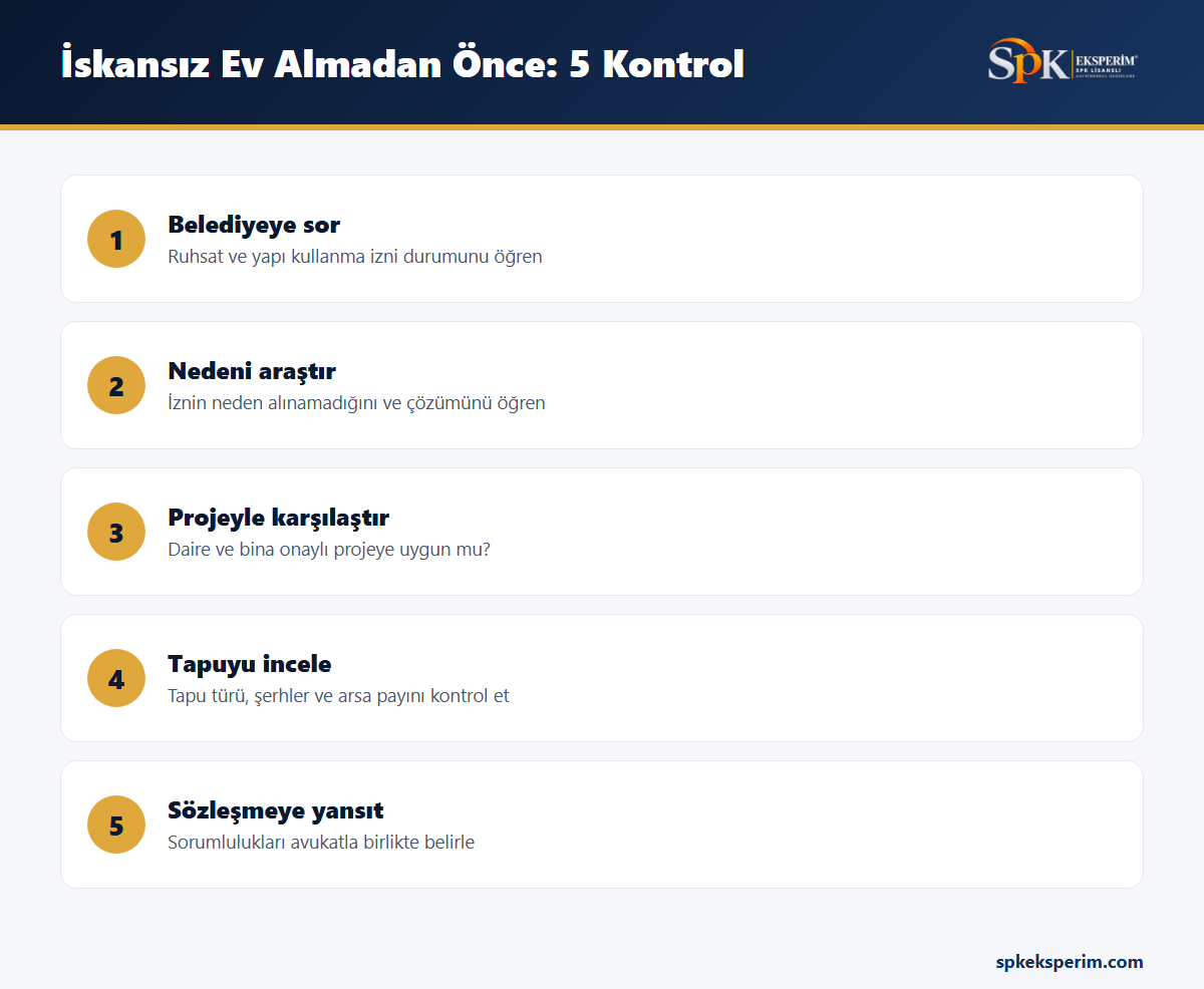 İskansız ev almadan önce yapılması gereken beş kontrolü gösteren infografik: belediye kaydı, izin eksikliğinin nedeni, proje, tapu ve sözleşme