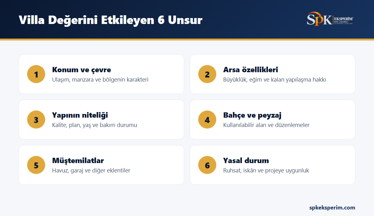 Villa ve müstakil ev değerini etkileyen altı unsuru gösteren infografik: konum ve çevre, arsa özellikleri, yapının niteliği, bahçe ve peyzaj, müştemilatlar ve yasal durum
