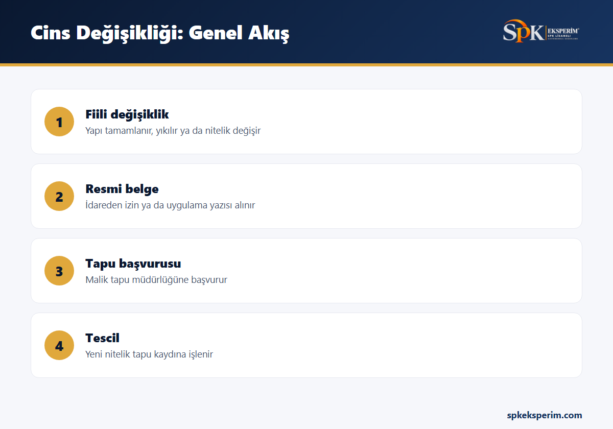 Tapuda cins değişikliği sürecinin dört aşamasını gösteren infografik: fiili değişiklik, resmi belge, tapu başvurusu ve tescil